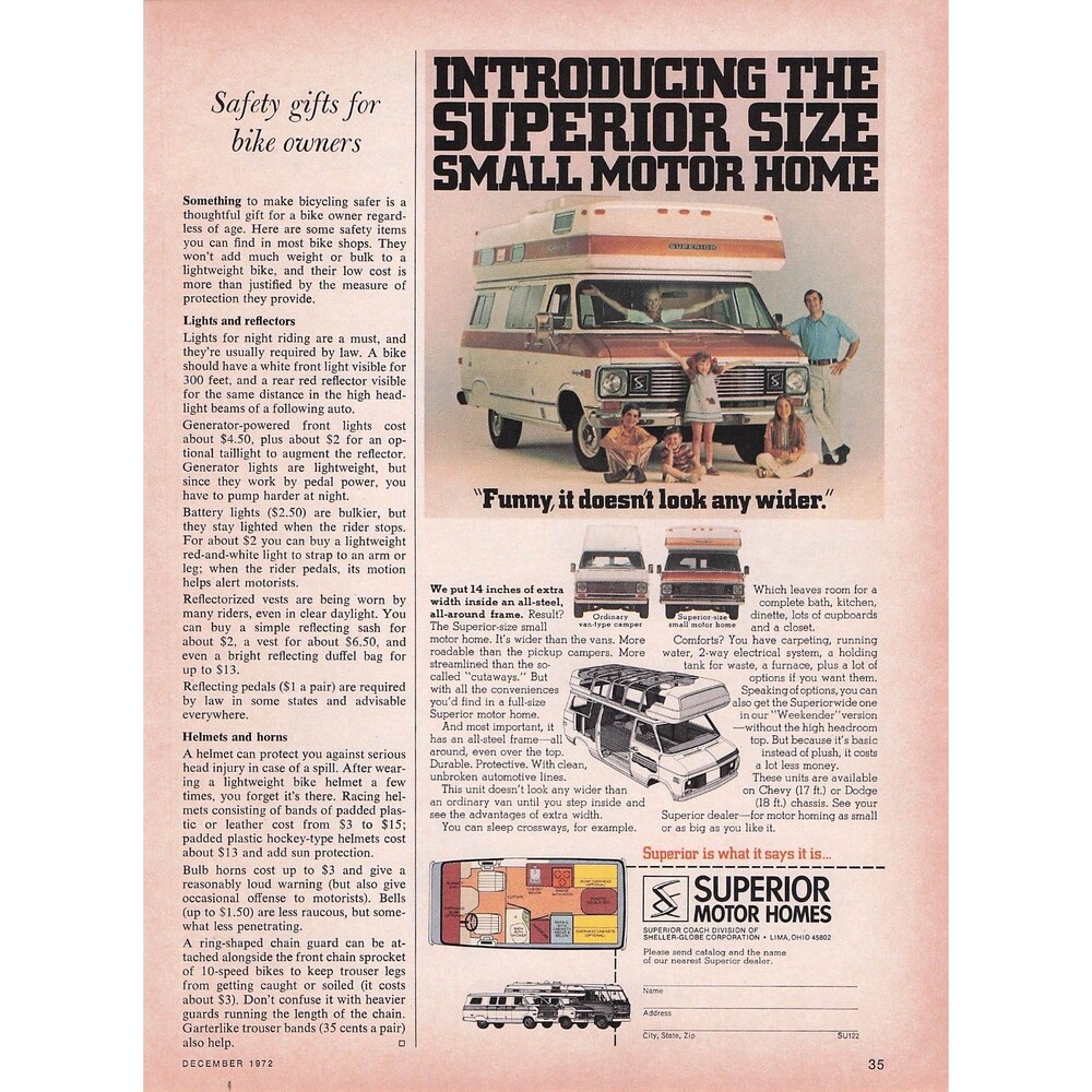 1972 Superior Motor Homes Vintage Print Ad Dodge Chevy Camper RV Van Car Decor